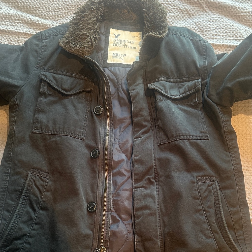 American Eagle Outfitters Charcoal Jacket with Faux Fur Collar